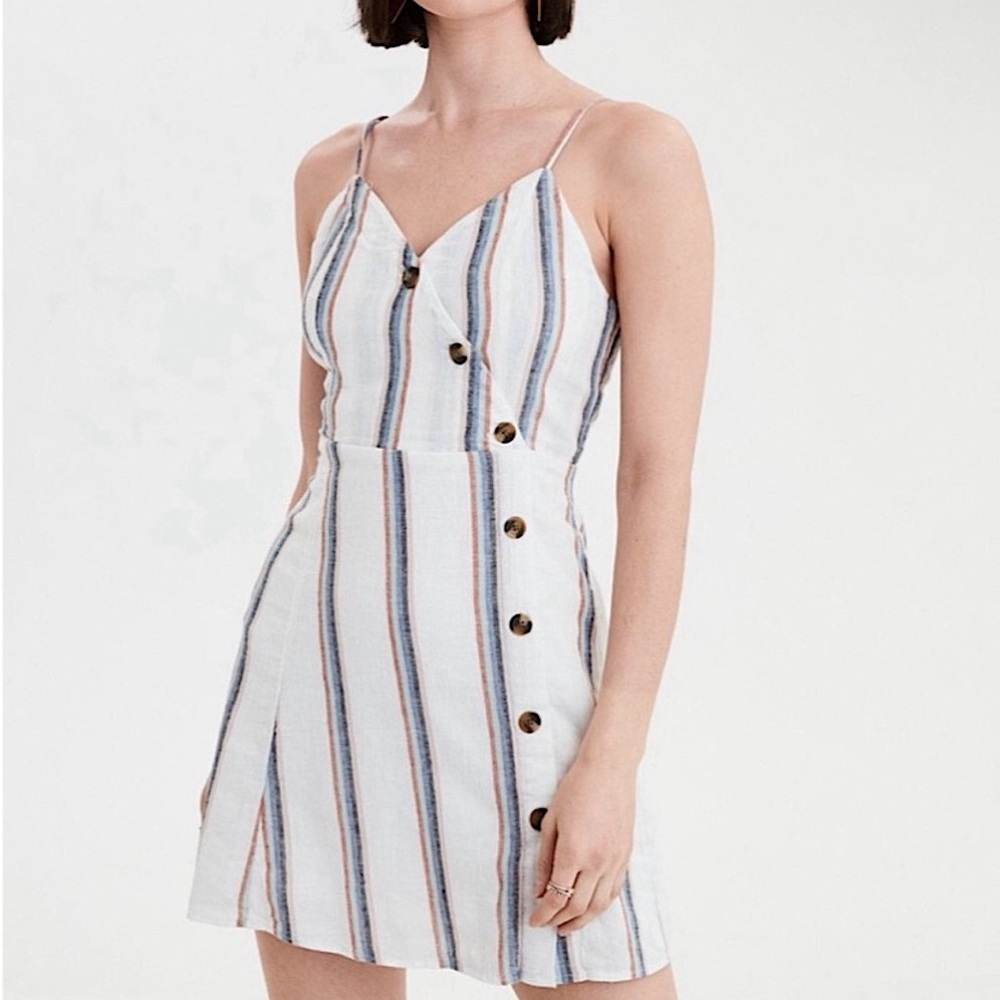 American Eagle White Striped Asymmetrical Button Linen Blend Dress Medium Tall